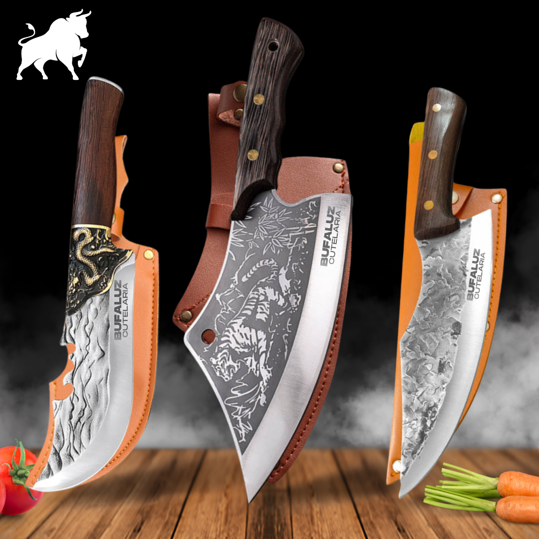Set of 3 Handcrafted Forged Knives with Protective Sheaths