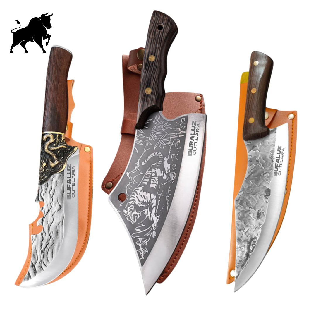 Set of 3 Handcrafted Forged Knives with Protective Sheaths