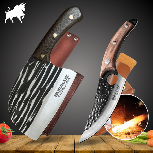 Hand Forged Knife and Cleaver Set with Two Sheaths